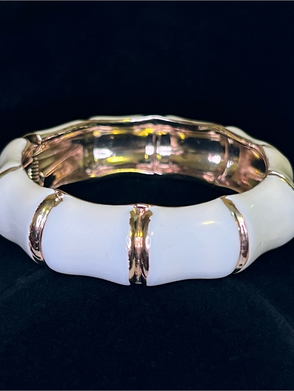 White Enamel Bamboo Gold Tone Hinged Bangle Bracelet